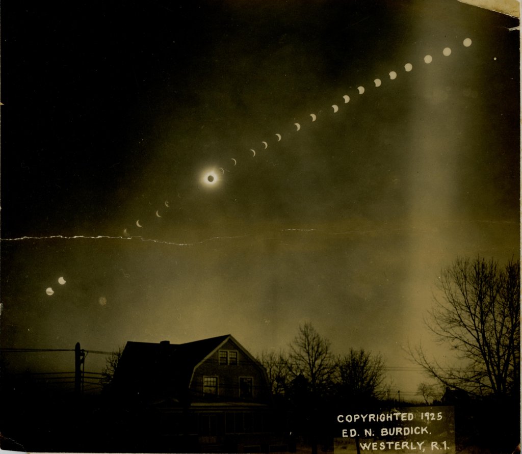 Photograph of 1925 solar eclipse, taken at 5 minute intervals, by Edward N. Burdick.