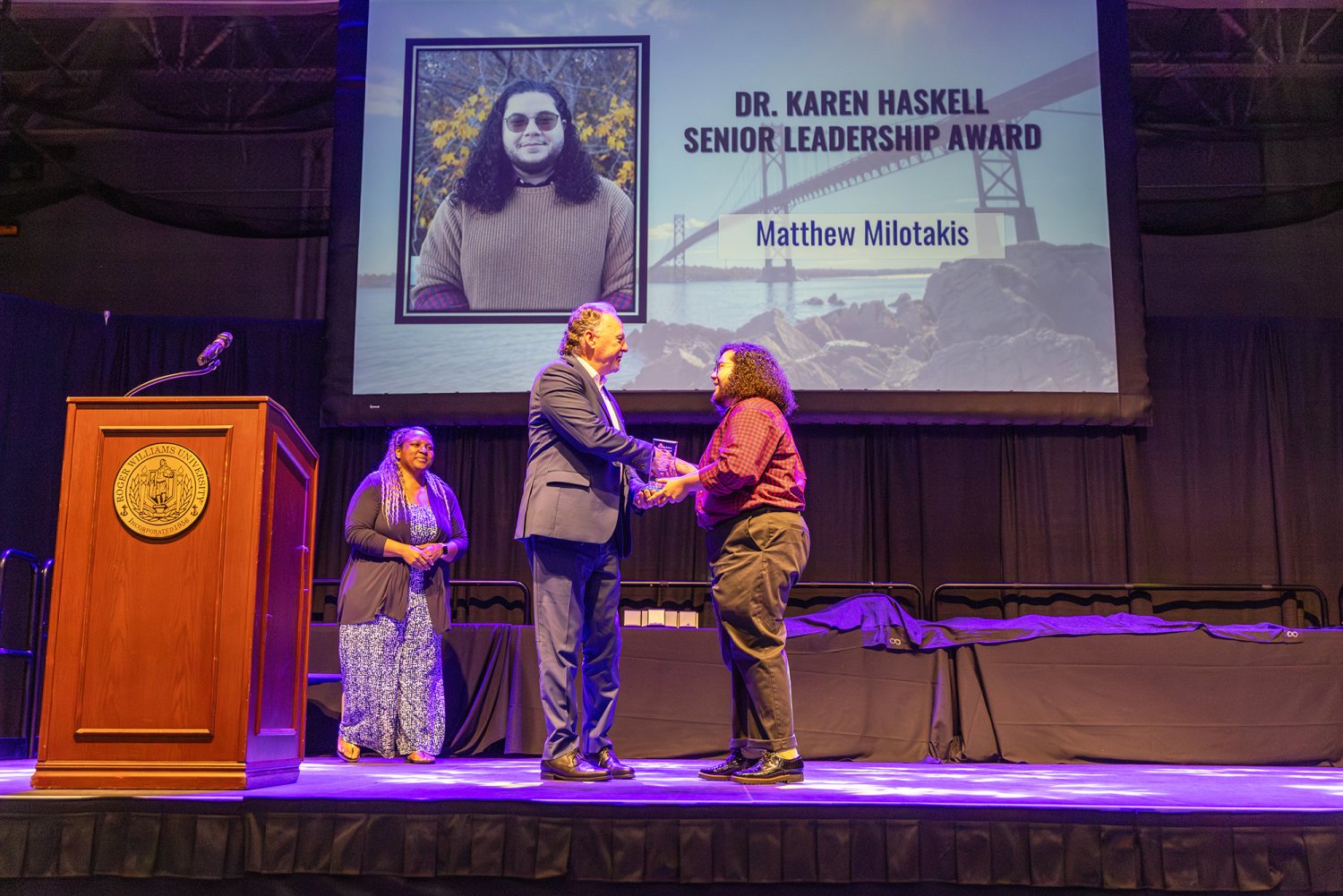 Matthew Milotakis receives the Dr. Karen Haskell Senior Leadership Award at the 2025 Student Life Achievement Awards ceremony.