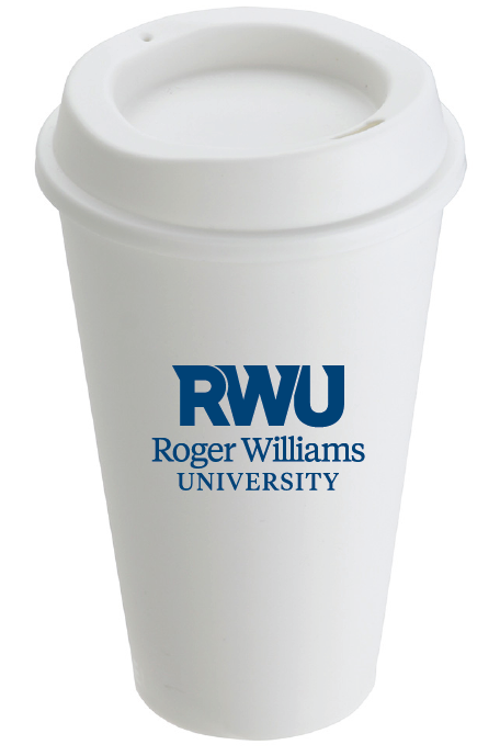 White reusable travel cup with blue RWU logo