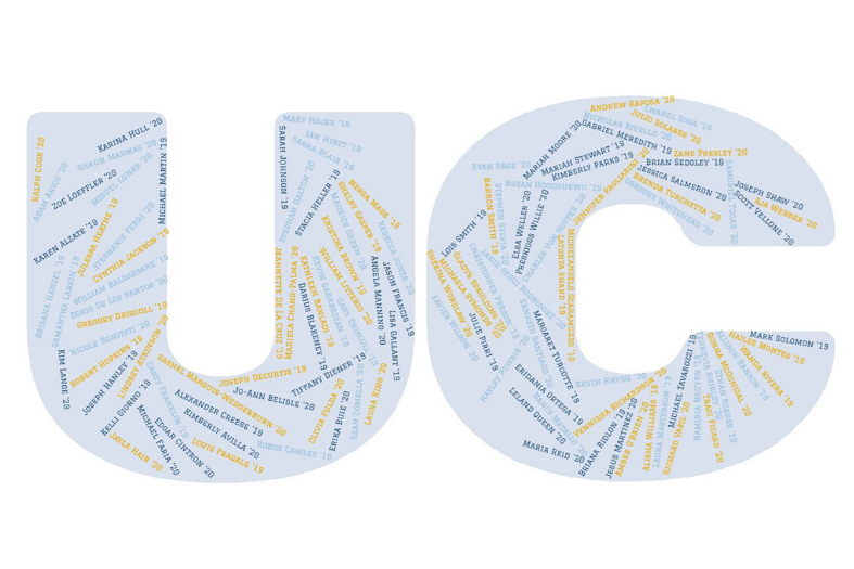 UC graphic with names of graduates inside letters.