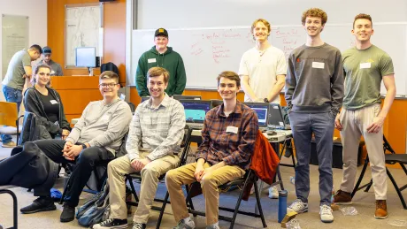The Roger Williams University Cybersecurity team in action at the Northeast Collegiate Cyber Defense Competition.