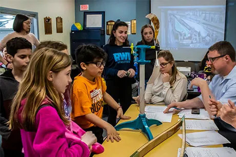 Fourth-graders from Bristol-Warren School District learn about engineering design and wind turbine energy at RWU.