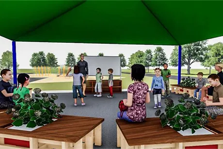 A digital rendering of an outdoor classroom