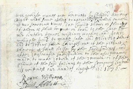 Historic letter by Roger Williams