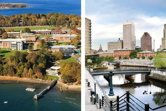 Side-by-side photos of the RWU Bristol Campus and the Providence skyline