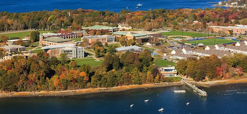 aerial view of RWU's Bristol campus and the bay that surrounds it
