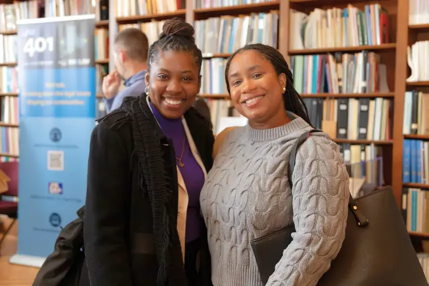 RWU students pose inside the Rhode Island State Library.