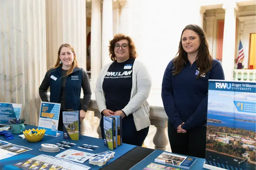 RWU students staff displays showcasing legal clinics, academic programs, and applied learning experiences