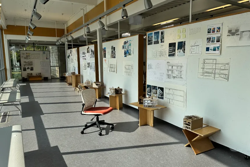 A view of the gallery with all the student work pinned up