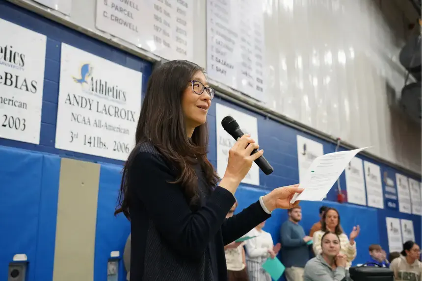 Professor of Science Education Li-Ling Yang thanks all for attending the Celebration Event at Roger Williams University.